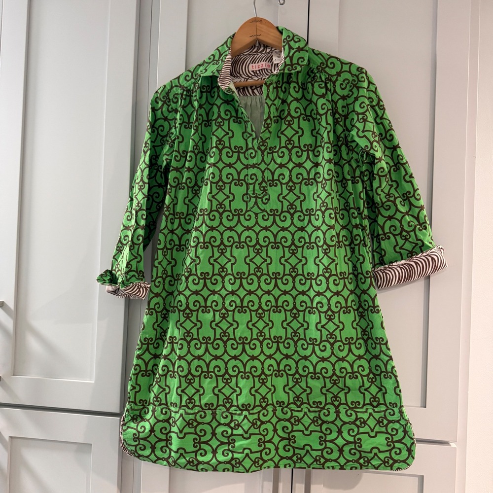 Tizzie Womens Green Brown Geometric Print Shift Tunic Mini Dress Small Cotton
